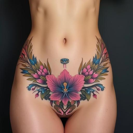 Colorful symmetrical tattoo on the abdomen featuring floral garlands. Elegant Clitoria ternatea flower on one side. A graceful snake head on the other side. Sensual composition with rich colors and artistic style. Designed for the female form.
