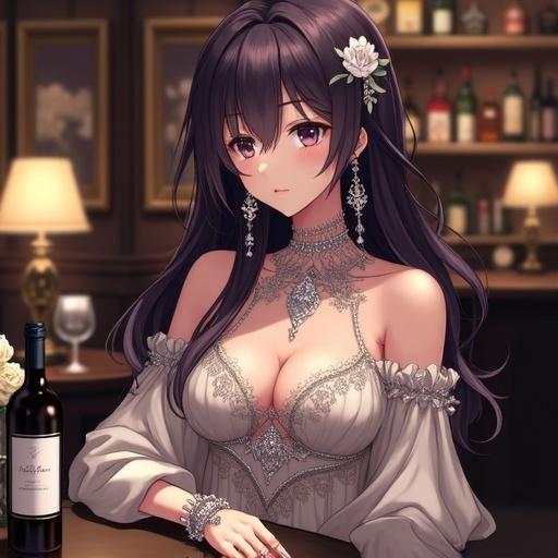 Anime woman with long dark violet hair wearing an elegant off-white dress. Her large expressive eyes and delicate features create a captivating look. She sits at a dimly lit table with a bottle of wine and flowers. The background features shelves of bottles and an elegant atmosphere.