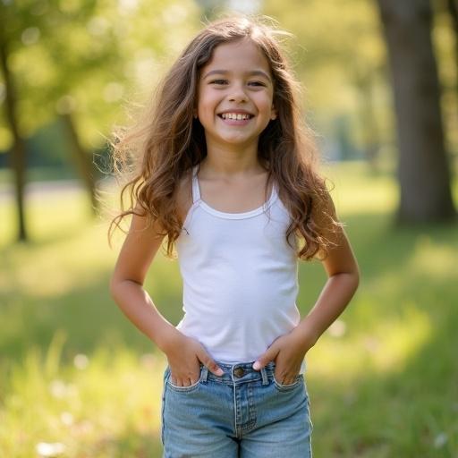 A young girl is smiling. She wears a white tank top and casual denim shorts. The scene is bright with natural sunlight. Her hair is wavy and she has a playful expression. The background shows a green, grassy area. She stands with hands in pockets.