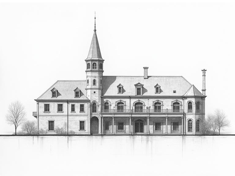 Architectural drawing of a historic building showing elevation and section views in a monochromatic style.