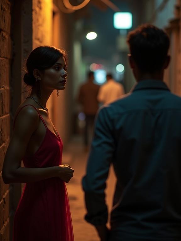 Scene depicts Mumbai alley with woman in crimson sheer dress. She stands near a shadowy figure. Dim ambiance from flickering streetlight enhances the moment's tension. Focus on the allure of the woman.