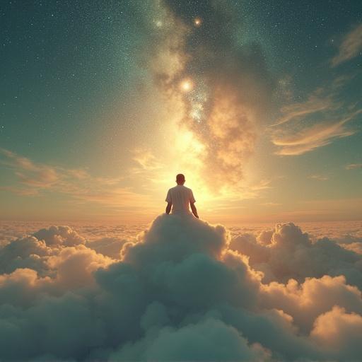 A figure sits on clouds in a retro surrealism style. The clouds blend with cosmic elements. Strong conceptual theme with vintage texture. Dramatic lighting with bloom. Warm and cool tones balance. Evocative atmosphere suggesting knowledge and learning. The figure appears contemplative. Timeless aesthetic reminiscent of mid-20th century science films.