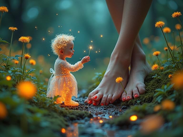Beautiful forest scene with a glowing baby holding a sparkler. A woman's feet are in the foreground with red toenails. Dandelions and bioluminescent moss create a magical atmosphere. The trees appear like stained glass and swirling nebulae enhance the dreamlike quality.