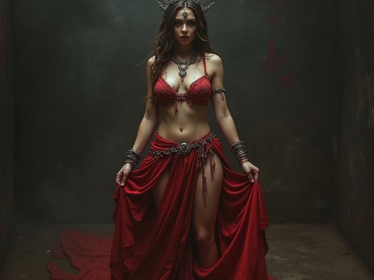 A powerful dark sorceress stands in a dimly lit area. She wears an intricately jeweled bikini top and a flowing, tattered red skirt. The scene captures hyper realism with dramatic contrasts. Her attire includes bracelets and anklets, enhancing her mystical aesthetic.