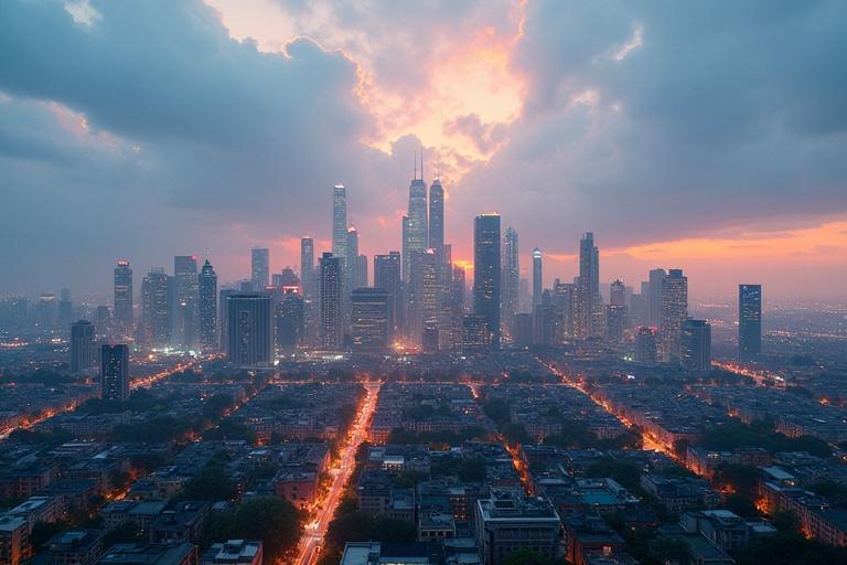 A breathtaking city landscape shot. Tall skyscrapers dominate the skyline. A vibrant sunset creates a stunning backdrop. Warm tones contrast with cool colors. Urban streets illuminated with city lights. Clouds add depth to the scene.