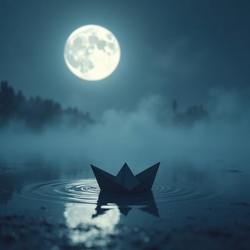 Small paper boat floats on puddle. Huge moon illuminates night sky. Soft fog blankets the scene. Quiet atmosphere evokes poetry. Ultra-HD render captures minimal design.