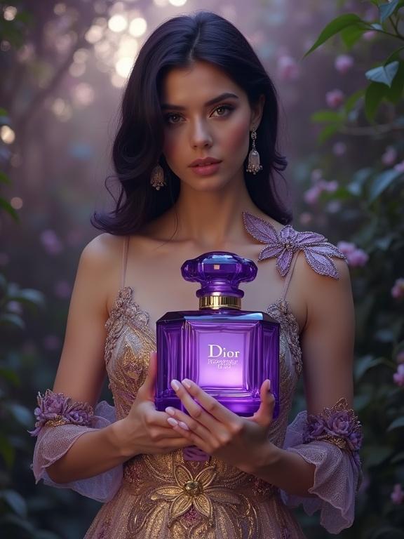 Refined woman with dark purple hair styled in elegant waves wears a shimmering gold dress with purple floral embroidery. She holds a large purple glass Dior perfume bottle. The setting features an overgrown garden with dark foliage and ethereal light.