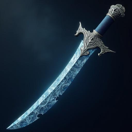Curved scimitar with a flowing blade. Blade has water-like patterns using Damascus steel or blue and silver gradients. Hilt is ergonomic and smooth with wave engravings.