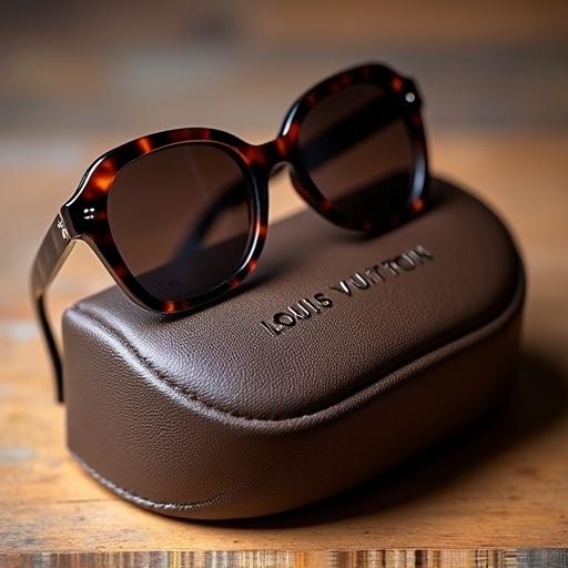 Louis Vuitton sunglasses displayed with an engraved text sunglasses case. Close-up view highlighting luxury and fashion appeal.
