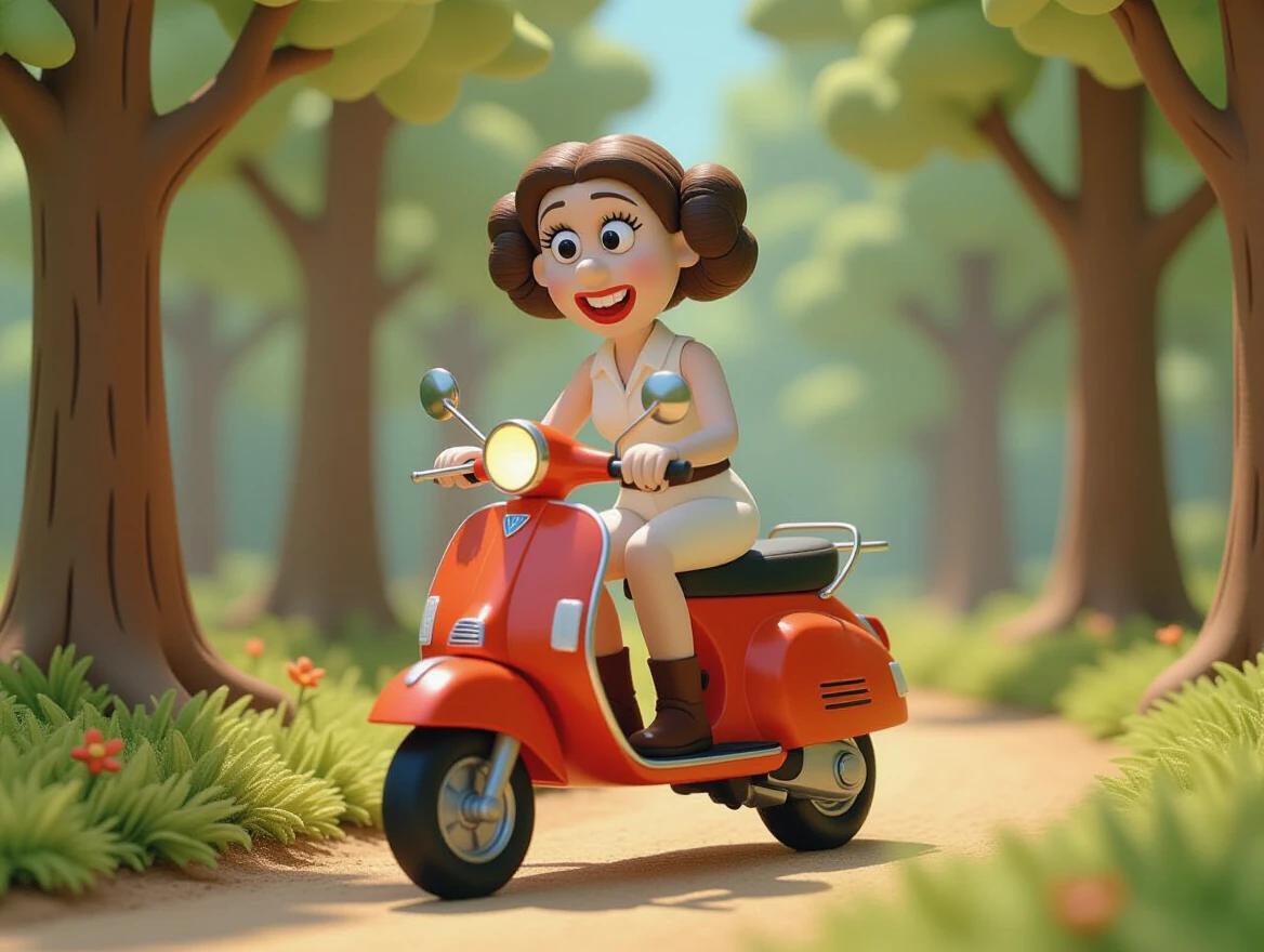 Princess character rides a red scooter. Cheerful expression. Styled like Wallace and Gromit. Claymation feel. Surrounded by lush green trees. Warm soft lighting. Nostalgic and playful atmosphere. High quality and detailed appearance.