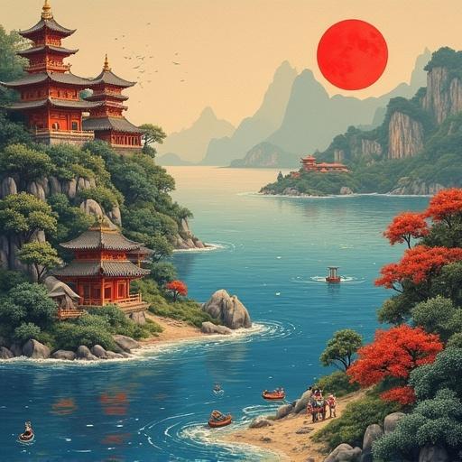 A serene Chinese landscape featuring a traditional pavilion by a river surrounded by mountains and lush trees, with a large red sun in the sky.