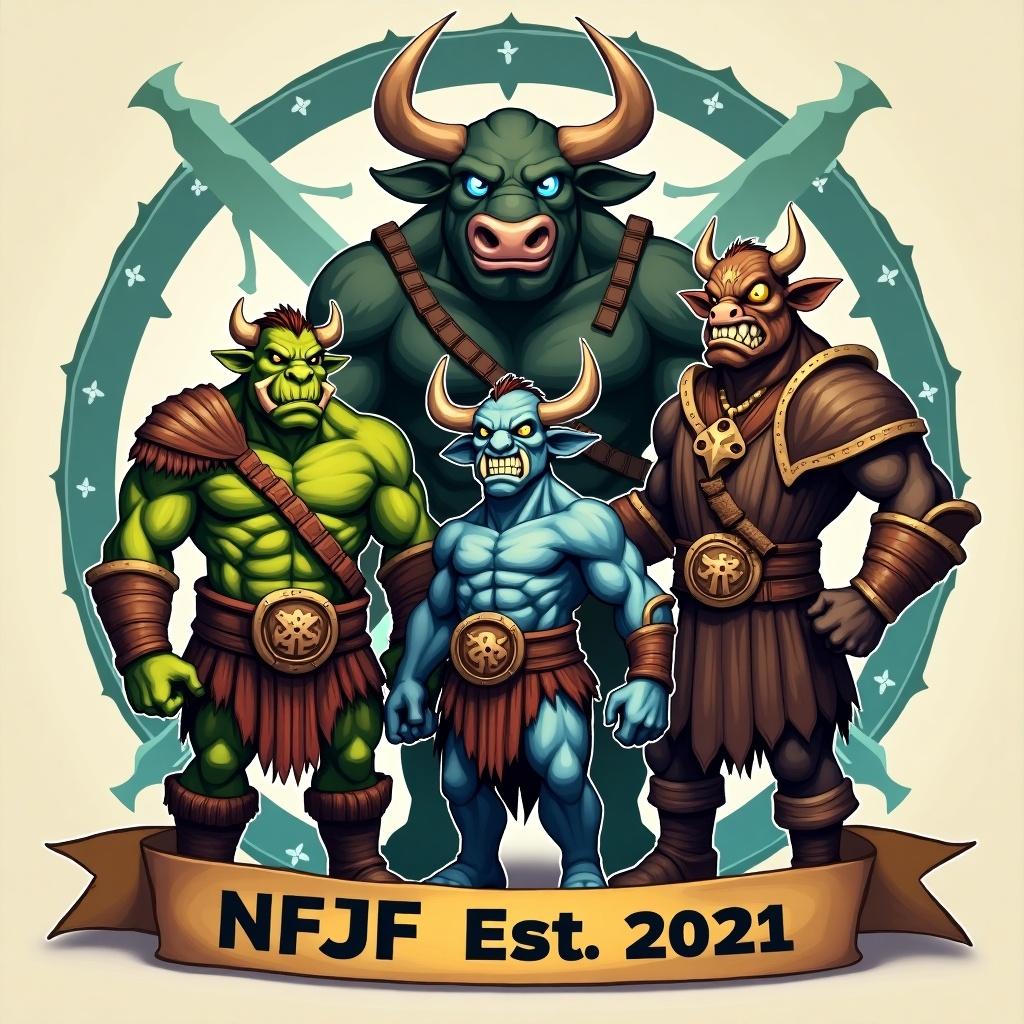 Four fantasy characters stand together. Green Orc warrior has armor and weapons. Blue Troll hunter showcases intricate details. Humanoid cow paladin looks powerful. Horde emblem is in the background. A banner below reads 'NFJF Est. 2021.'