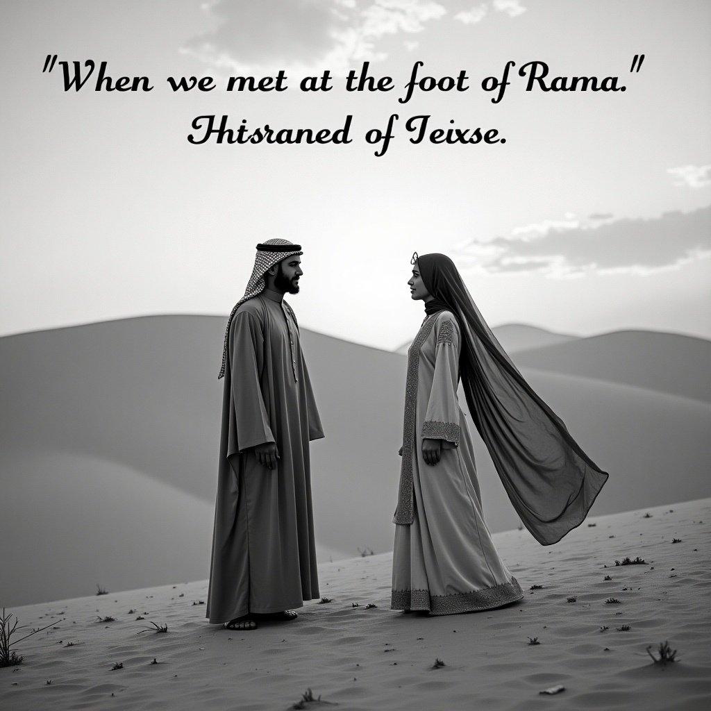 Stylized black and white image of a man and woman wearing traditional Arabic clothing meeting at the foot of a hill under a somber sky in a desert setting.