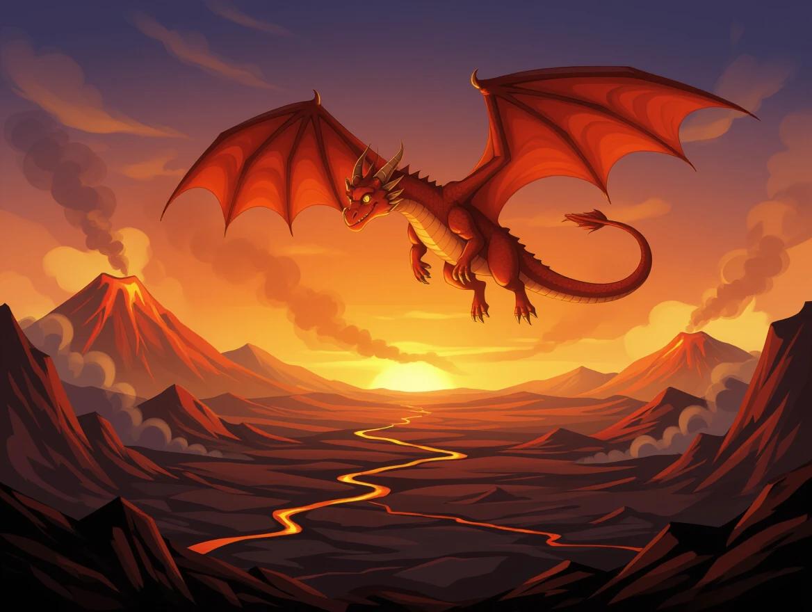 A dragon soars across a fiery volcanic landscape. The sky is painted with sunset colors. Dark mountains are below. Lava flows through the landscape. The dragon is detailed with vibrant colors. Its wings are spread wide. The overall scene is dynamic and adventurous.
