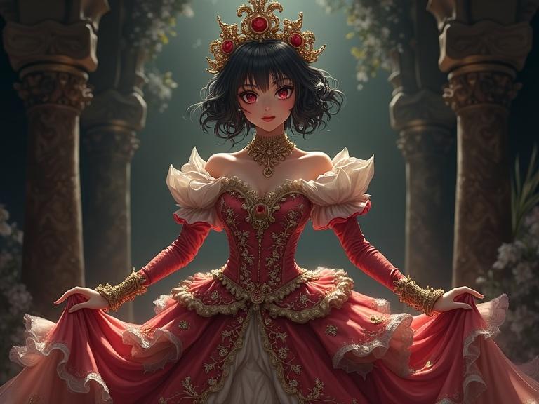 A magical girl stands in a richly detailed dress. Intricate textures and opulent fabrics are showcased. A dynamic pose is struck, reminiscent of Baroque compositions. Large expressive anime-style eyes are on her face. The setting is shadowy and fantastical with elements fading into darkness.