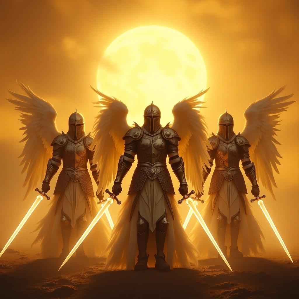 The image portrays a dramatic scene of angelic knights clad in ornate armor standing against a golden sky. Each figure is equipped with luminous swords, and feathered wings are prominently showcased. The setting suggests a celestial battleground, with the orange and yellow hues of a setting sun casting a warm glow over the scene. This composition enhances the ethereal and majestic atmosphere. The knights stand resolutely as guardians, embodying themes of strength and divinity.