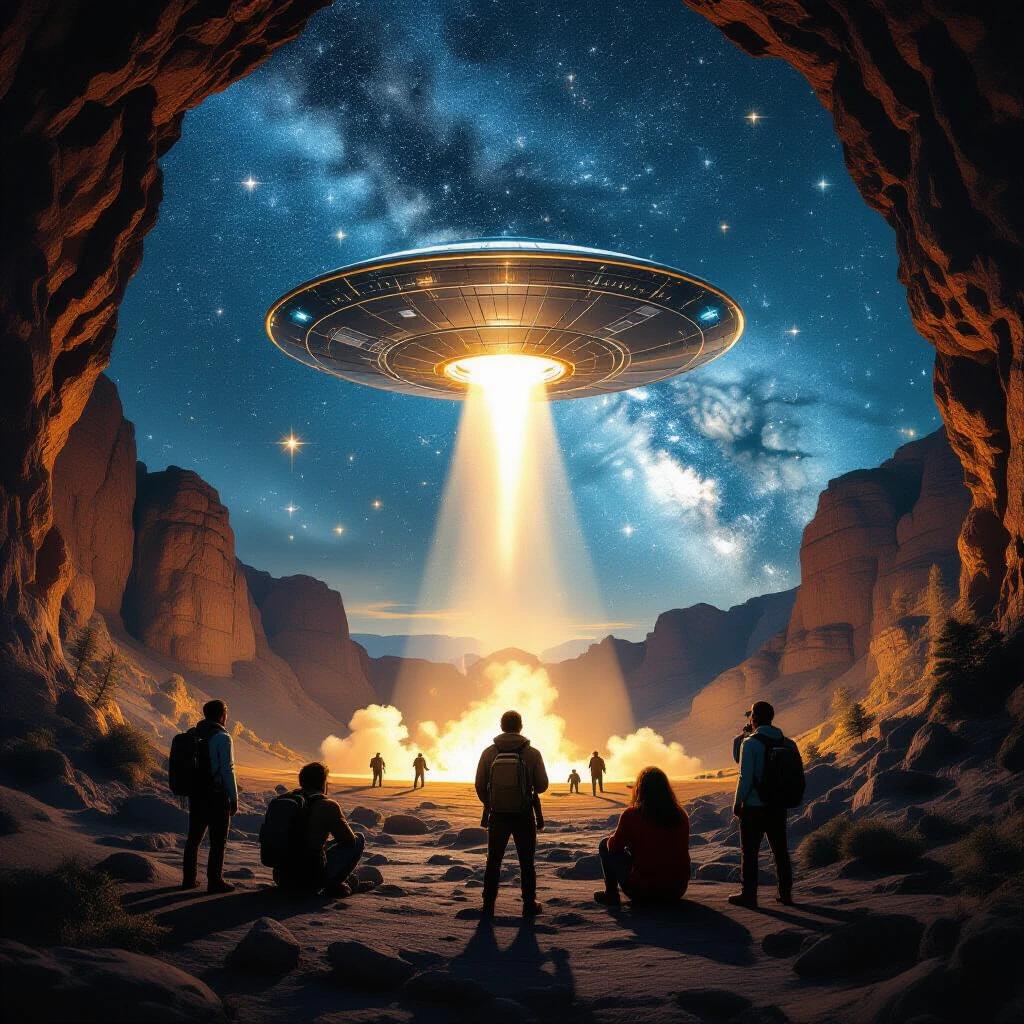 High resolution photograph of a UFO landed on the ground with multiple humans observing