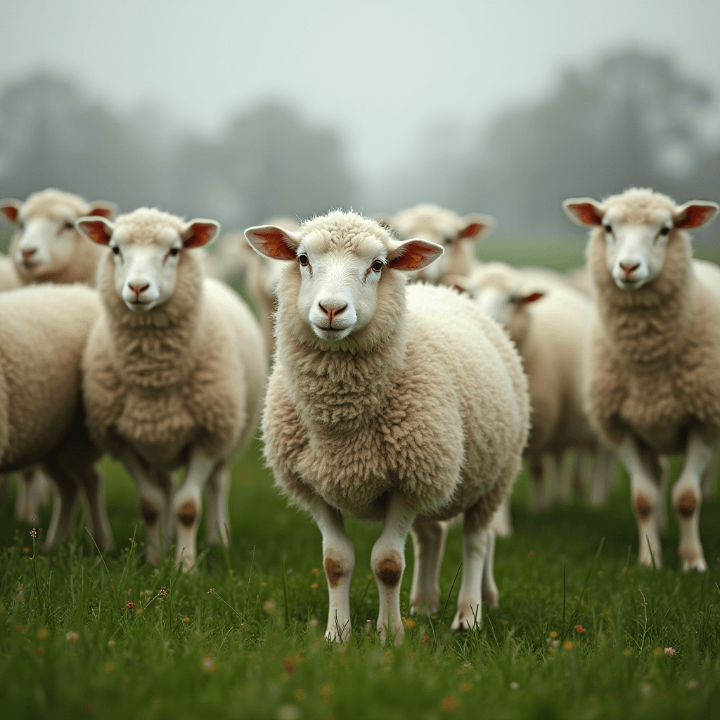 A serene group of sheep standing in a misty, green pasture.