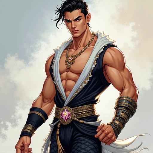 Full body shot of a 22-year-old handsome man exuding a heroic aura. He has sharp eyebrows, star-like eyes burning with confidence, and charming smirk. Lean athletic physique with defined muscles. He wears a stylish saoqi outfit: deep V-neck top of iridescent silk, ultra form-fitting pants with embossed patterns, and ornate girdle. His pose is dynamic and self-assured, set in a fantasy world blending ancient cultures.