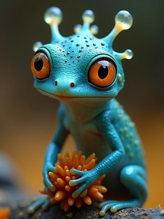 Fantastical amphibian creature with blue skin and large expressive eyes. It is clutching a natural surface covered in bright growths. Background is soft and blurred, creating a whimsical atmosphere.