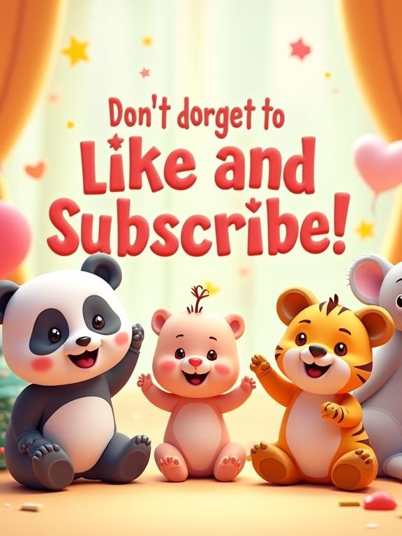 3D cartoon-style closing screen with baby animals and smiling human babies. Animals hold signs or point at big text saying 'Don't forget to Like and Subscribe!' Background is bright with stars and hearts. Cheerful tone, perfect for kids.