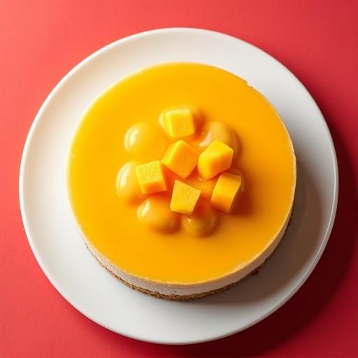Top shot of a mango liquid chunk decorated cheesecake on a white plate on a red background.
