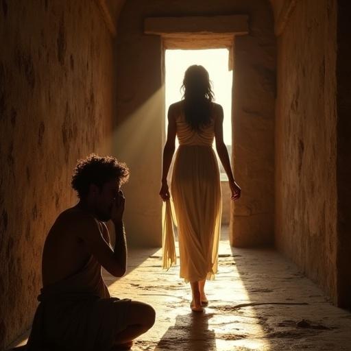 An ancient Roman setting featuring a young woman dressed in a glowing gown stepping from dark to light. A young man kneels in the foreground, hands covering his face, reflecting complex emotions in relationships.