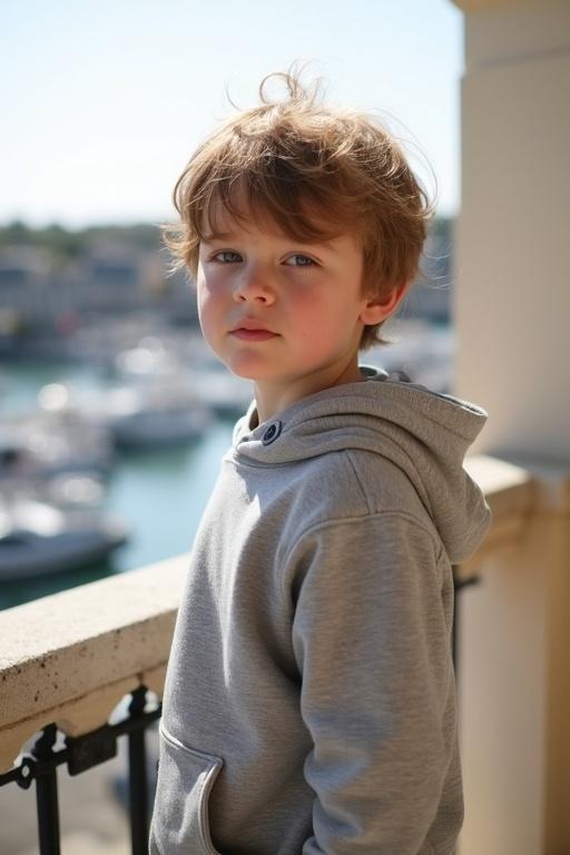 A young boy stands on a balcony. He wears a grey sweatshirt. He has short light brown hair. The boy looks shy yet sweet. In the background, there is a sunny harbor. The scene radiates peace and quiet.