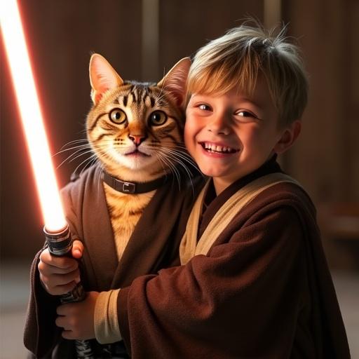 Hyper-realistic image depicting a joyful young child dressed as a Jedi holding a glowing lightsaber with both hands standing close to a striped brown cat in a Darth Vader costume. Both characters are laughing together radiating happiness in a warm-toned setting with cinematic lighting and realistic textures.