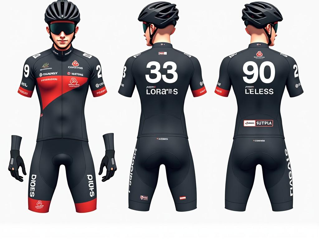 Create a professional image of a cycling kit featuring specific numbers for a cycling championship. The design should include a bicycle number, side numbers for the helmet, and a dorsal number for placement on the back of the jersey above the pockets. The kit must have spaces for advertising logos. Include elements that emphasize cycling and team spirit.