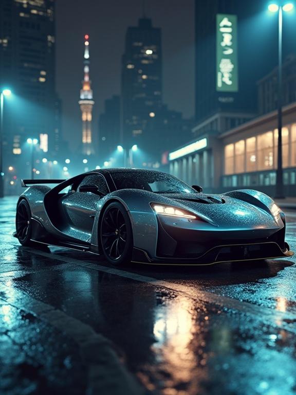 Sleek futuristic sports car parked in a city. Matte metallic reflections seen in cinematic lighting. Strong rim highlights and realistic surface textures give depth. Stylized like a graphic novel cover with thick comic lines. Rotoscope-inspired realism and adult cartoon style are present. Features glowing headlights.