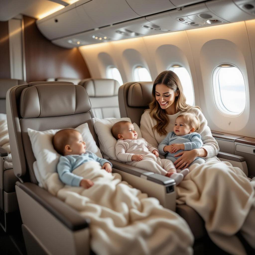 Interior of an airplane featuring a mother with three babies. Cozy seating arrangement. Soft lighting and neutral colors create a serene atmosphere.