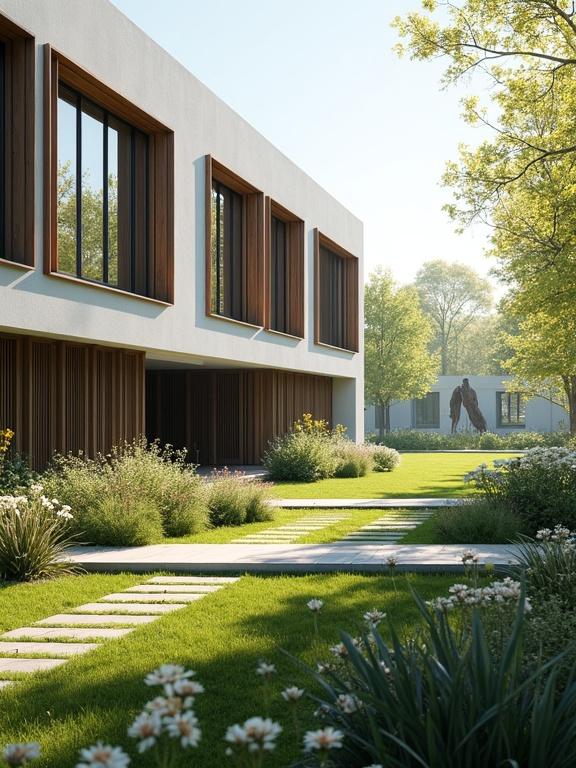 Modern university building with big windows, two floors, no people. Includes a sculpture. Morning scene in spring. Photorealistic view showing building and large garden. Flowers in foreground, from the right view.