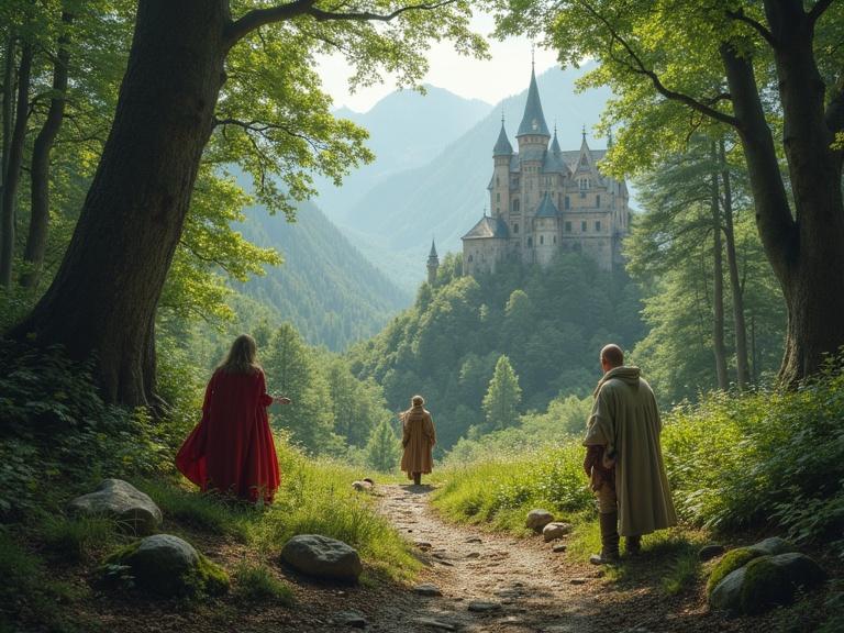 Fantasy scene in a forest with elves dwarves and knights. Mountains and a castle are in the background.