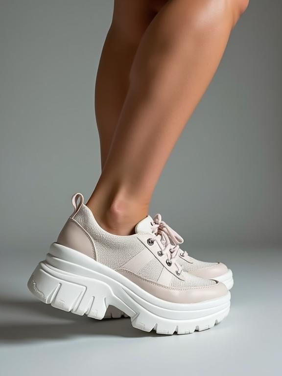 Woman's feet wearing platform trainers with thick soles. The image features a side view of the shoes highlighting their design and style.