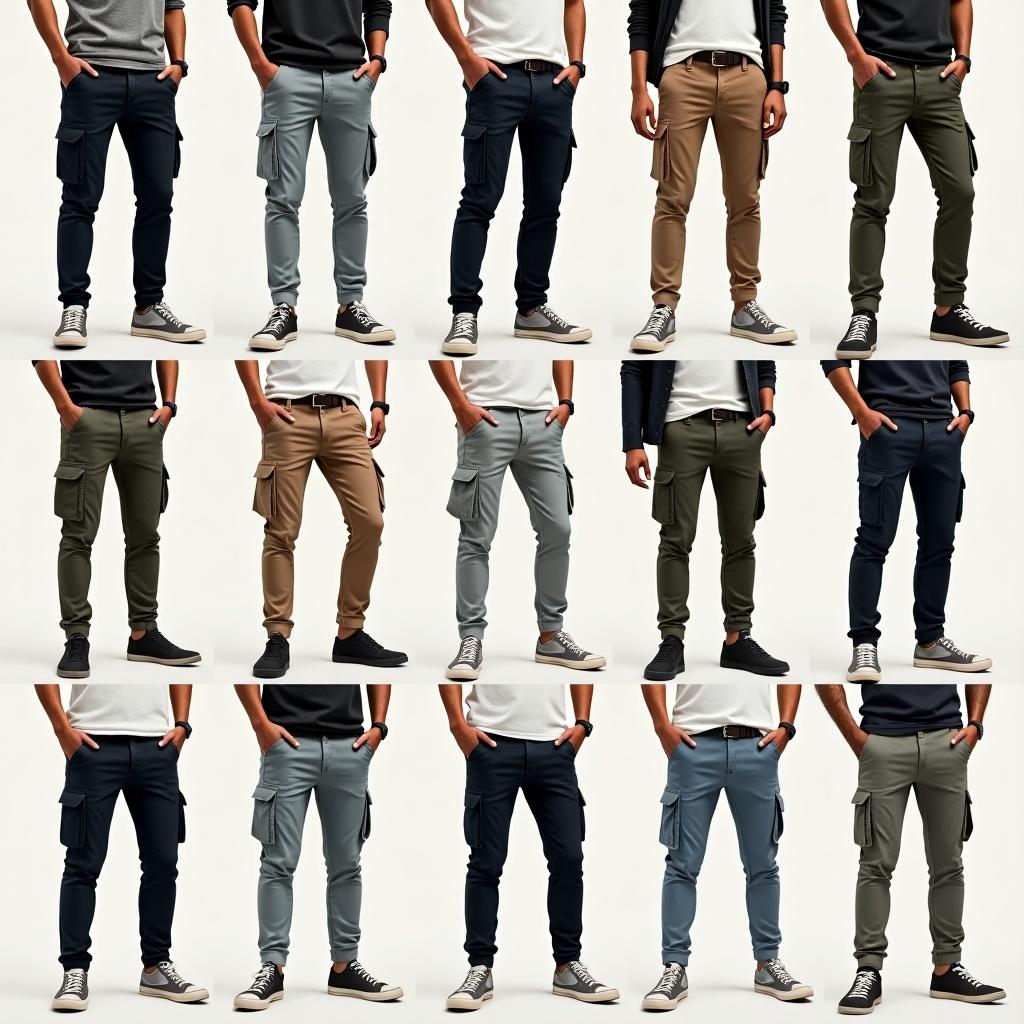 Showcase a variety of men's cargo pants in different colors and styles. Display 10 distinct styles clearly.