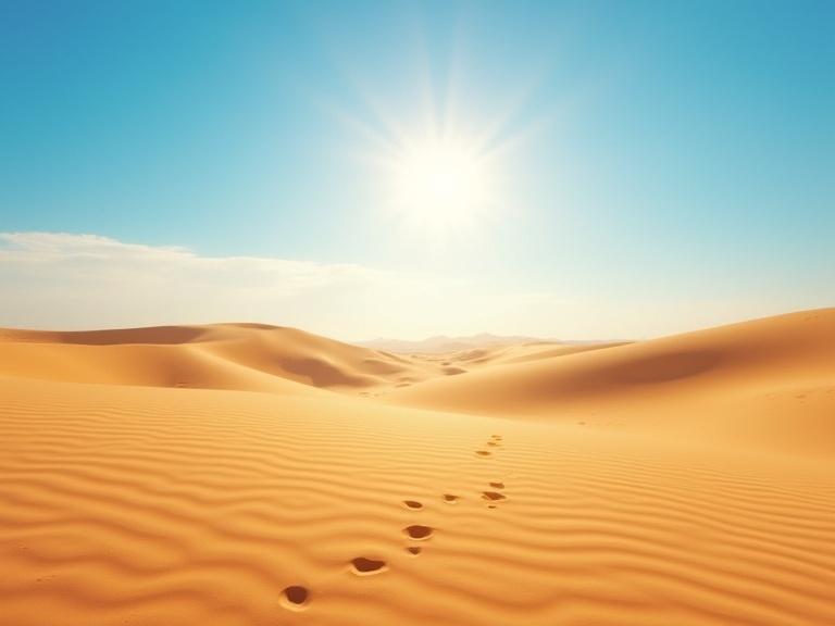photograph of vast desert landscape sun shining in clear blue sky casting light over golden sand dunes ripples in sand footprints in foreground leading towards horizon smooth texture of sand subtle shadows thin clouds scattered across sky warm inviting colors serene peaceful atmosphere midday sun no people wide open space