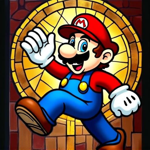 Stained glass painting featuring an iconic video game character in vibrant colors. Character appears joyful and in motion, with a colorful background. Artwork captures the essence of classic gaming.