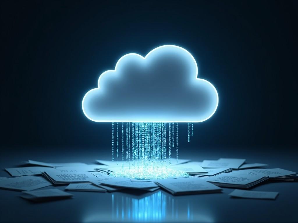 The image depicts a stylized cloud glowing in blue, symbolizing cloud computing. Below the cloud, numerous sheets of paper are scattered, suggesting traditional information being transformed into digital data. Cascading down from the cloud are binary codes, representing data transfer. The scene is set in a dark background, emphasizing the luminous cloud. This visual symbolizes the modern shift from physical to digital storage and processing.