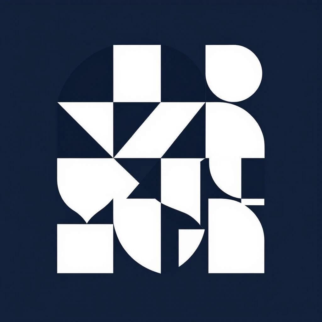 Create minimalist geometric logo featuring bold white shapes on dark background. Use abstract forms like rectangles triangles circles. Arrange them to form letters of a brand name. Design should be modern and clean with sharp lines. Keep it simple yet distinctive focusing on strong shapes.