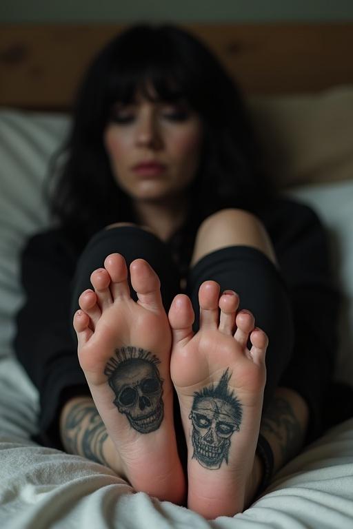 Mature goth woman displays tattooed soles of her bare feet while lying on a bed. She has long black hair and wears goth clothing. The focus is on her feet, highlighting intricate tattoos.