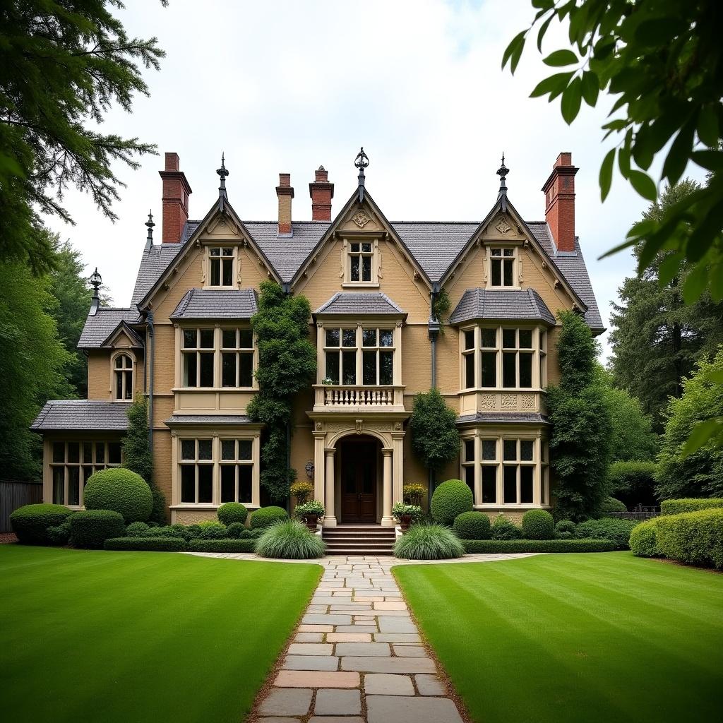 Image showcases estate blending Gothic Revival and Georgian Colonial styles. House has multiple spires and ornate details. Large windows framed by elegant arches. Surrounded by lush green garden and manicured lawns. Charming stone pathway leads to house entrance. Overall look is stately and inviting.