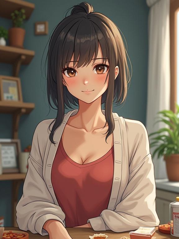 A young Japanese woman in her twenties with a warm smile. She has long, dark hair in a ponytail and is wearing a casual outfit. The background shows a cozy indoor space with plants and a kitchen setting.
