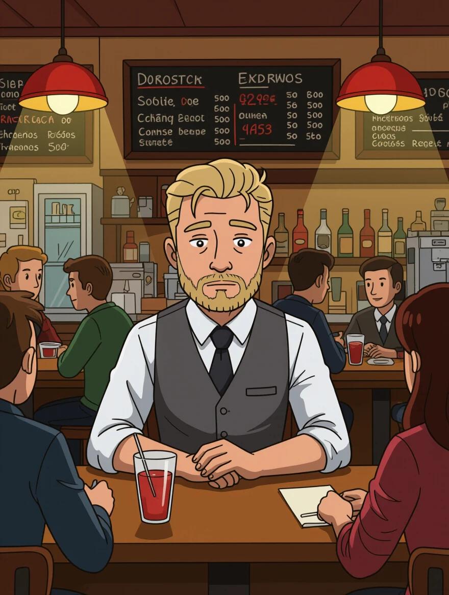 American tired salesman with sparse blond hair and sparse beard behind crowded restaurant counter at midnight in cartoon style