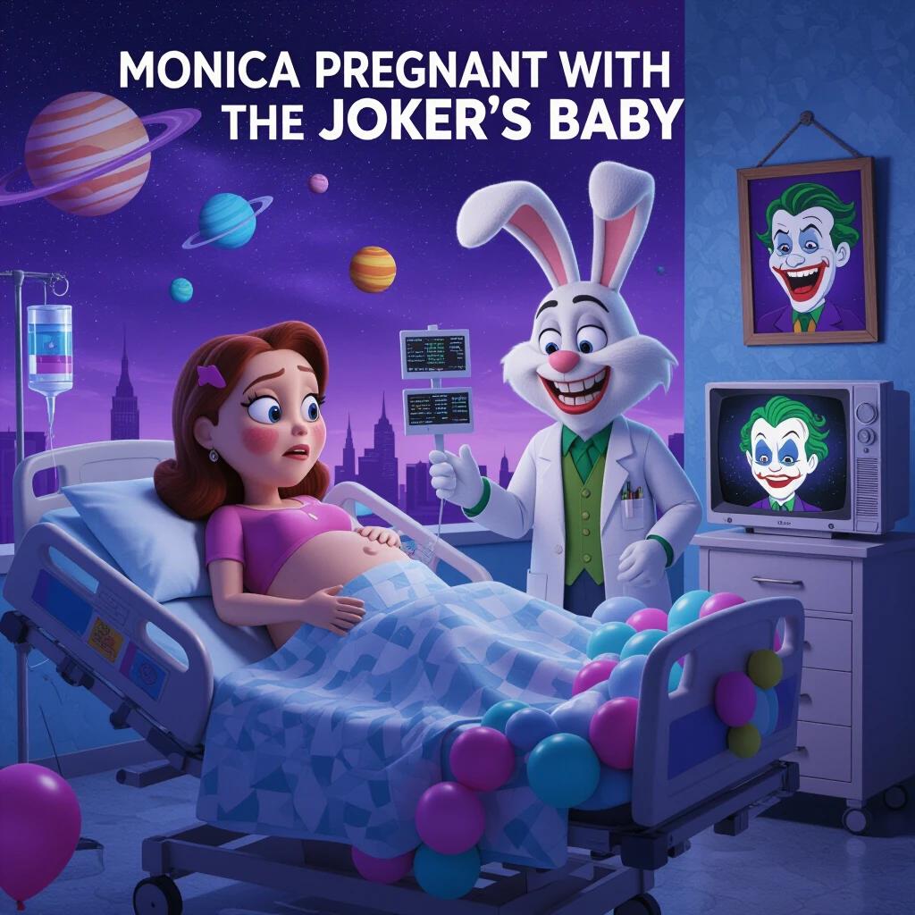 Setting in a surreal delivery room floating in space with a hospital bed made of balloons. A giant bunny doctor in a lab coat assists Monica, who has a giant pregnant belly, looking confused and furious. The sky appears purple with floating planets in the backdrop. Wall features a crying Cebolinha. A TV displays the movie The Dark Knight in a looping background. Joker appears in a cartoonish 3D style wearing a humorous apron.