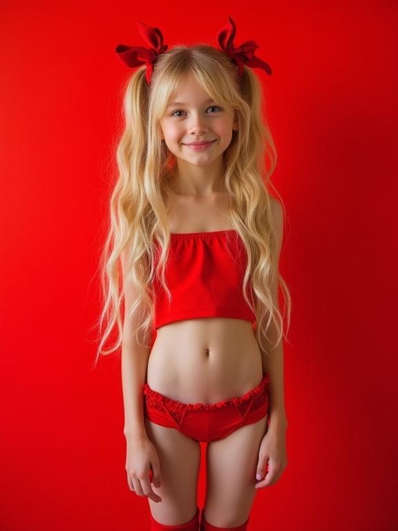 Image features a young girl with long blonde hair styled in twin tails. Red background with the girl wearing a red crop top and a micro-skirt. Thigh-high socks and simple shoes complete her outfit. The focus is on her slim waist and youthful vibe.