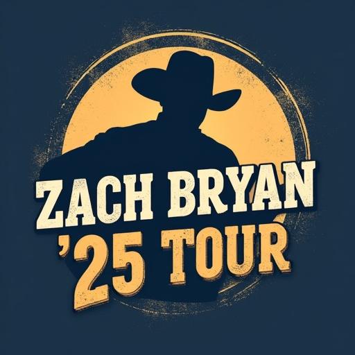 Minimalist t-shirt design. Retro silhouette of a cowboy hat and guitar. Text reads 'Zach Bryan ‘25 Tour.' Distressed font. Centered design on transparent background. Vintage texture. Suitable for navy blue t-shirts. High-resolution design.
