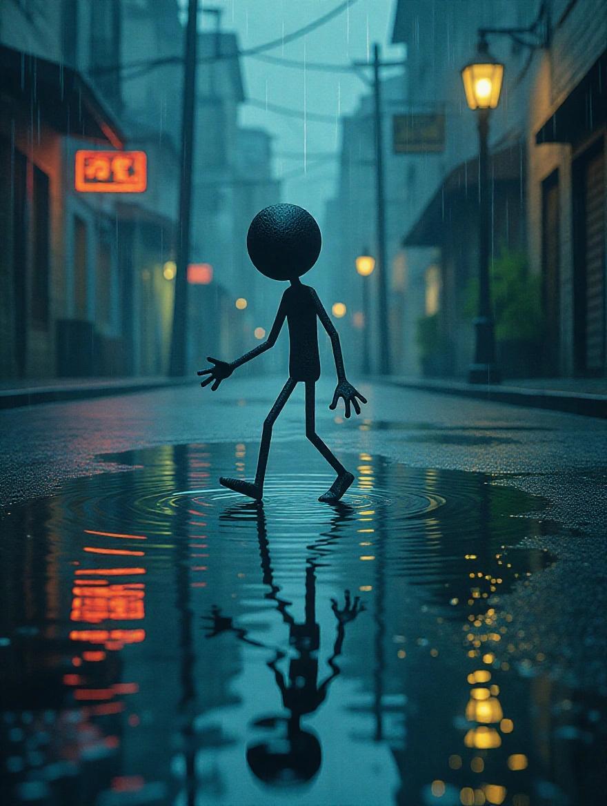 A miniature stickman figure with one foot hovering over a rain puddle. The figure portrays hesitation with a trembling stance. The scene features neon reflections, a teal-orange color palette, and high-detail liquid effects.