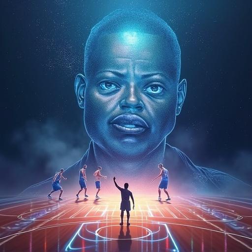 Unique illustration of a basketball coach or point guard with glowing eyes creating a winning play on a court. Abstract players represented by faint lights. Soft mist envelops the scene.