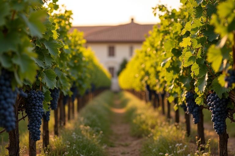 Sunny late summer evening in a vineyard. Full of vine leaves and blue grapes. Green leaves with autumn colors. Narrow path between the vines. Flowering plants grow between vines. Blurred background of an old winery in southern French style.